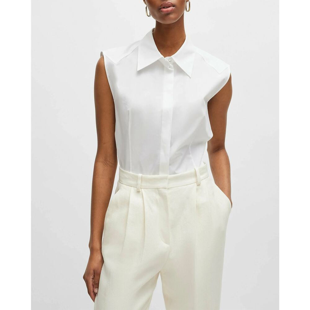 NWT BOSS Hugo Boss Banoh Sleeveless Blouse White Button Front Top Size 12
